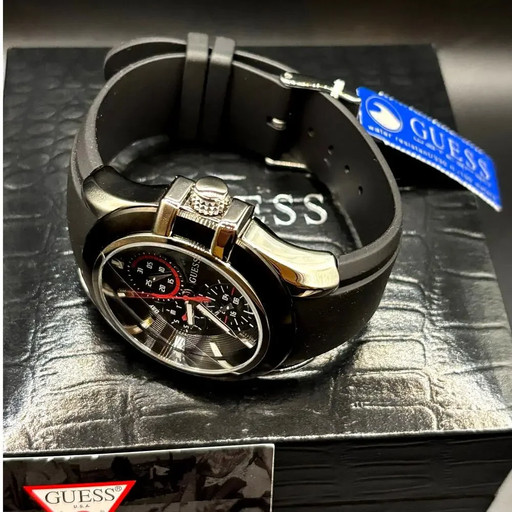 GUESS Waterpro U10575G1 Men’s 45mm Multifunction Black Silicone Watch NWT